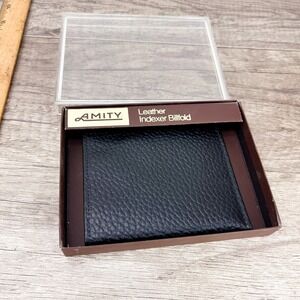 Vtg AMITY Indexed Cowhide Black LeatherWallet Billfold USA New‎ Open Box